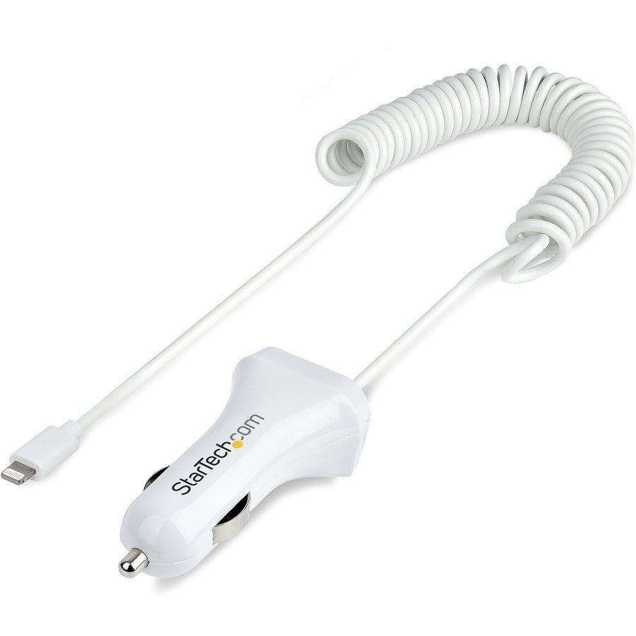 StarTech.com Lightning Car Charger with Coiled Cable, 1m Built-in Cable, 12W, White, 2 Port USB Car Charger Adapter, In Car iPhone Charger USBLT2PCARW2