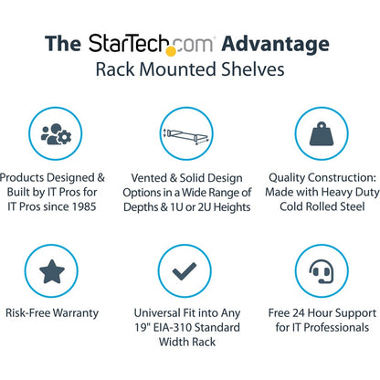 StarTech.com Étagère pour rack de serveur 1U - Plateau de montage en rack en porte-à-faux fixe de 40,6 cm de profondeur pour boîtier de données/AV/réseau de 48,3 cm avec écrous à cage, vis CABSHELF116