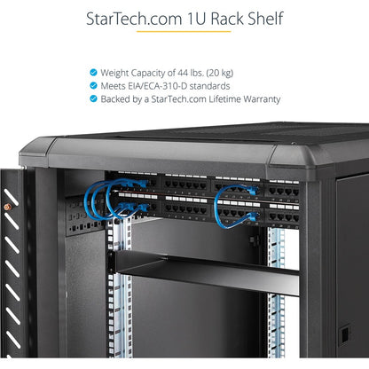 StarTech.com Étagère pour rack de serveur 1U - Plateau de montage en rack en porte-à-faux fixe de 40,6 cm de profondeur pour boîtier de données/AV/réseau de 48,3 cm avec écrous à cage, vis CABSHELF116