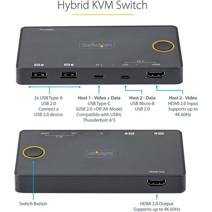 StarTech.com Commutateur KVM hybride USB-A + HDMI et USB-C à 2 ports, écran unique 4K 60 Hz HDMI 2.0, commutateur KVM HDMI compact pour ordinateur de bureau et/ou ordinateur portable SV221HUC4K