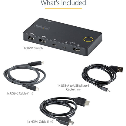 StarTech.com Commutateur KVM hybride USB-A + HDMI et USB-C à 2 ports, écran unique 4K 60 Hz HDMI 2.0, commutateur KVM HDMI compact pour ordinateur de bureau et/ou ordinateur portable SV221HUC4K