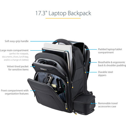 StarTech.com Sac à dos pour ordinateur portable 17,3" avec étui amovible pour accessoires, sac à dos professionnel pour le travail/les voyages/les déplacements, sac d'ordinateur en nylon NTBKBAG173