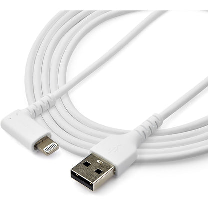 StarTech.com Câble USB A vers Lightning de 2 m pour iPhone iPad, cordon de charge durable à angle droit de 90 degrés, blanc avec fibre aramide, certifié Apple MFI RUSBLTMM2MWR