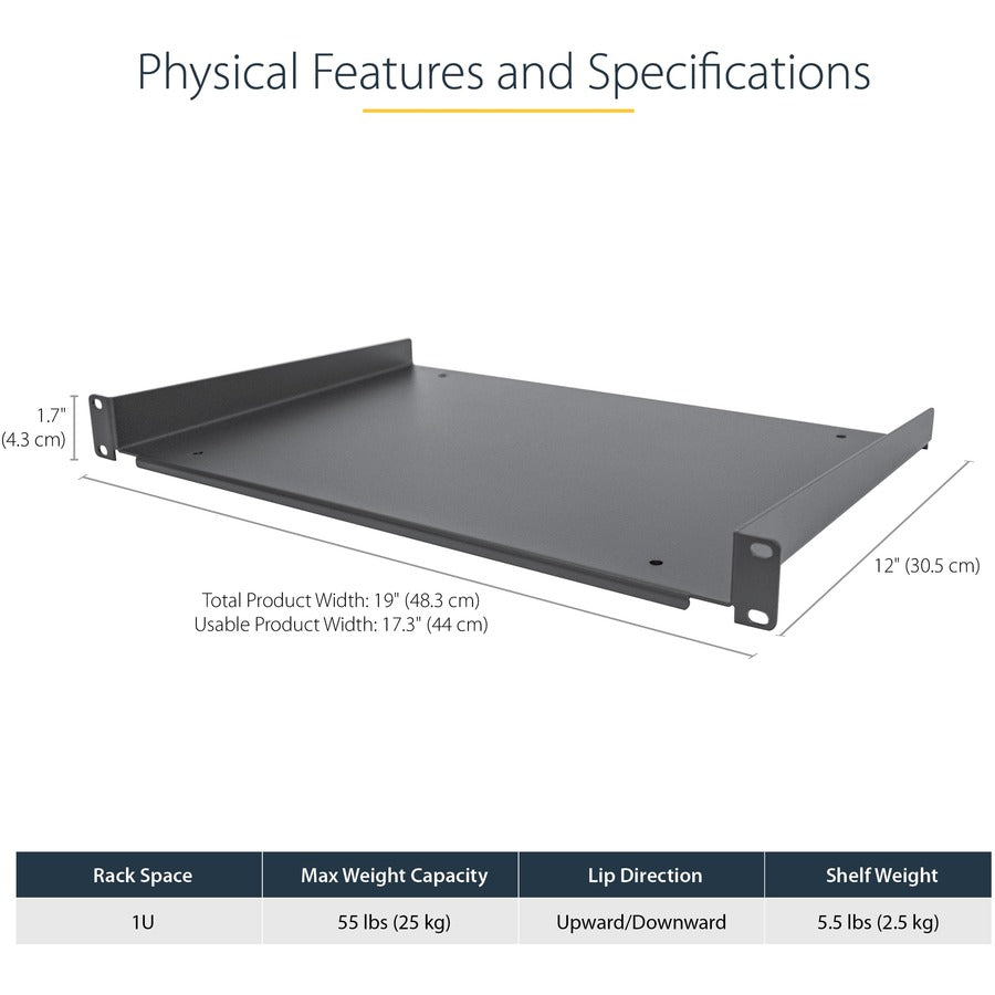 StarTech.com Étagère pour rack de serveur 1U - Plateau de montage en rack cantilever fixe de 30,5 cm de profondeur pour boîtier de données/audiovisuel/réseau de 48,3 cm avec écrous à cage et vis SHELF-1U-12-FIXED-S