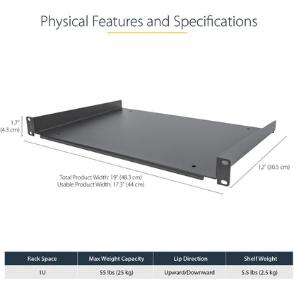 StarTech.com Étagère pour rack de serveur 1U - Plateau de montage en rack cantilever fixe de 30,5 cm de profondeur pour boîtier de données/audiovisuel/réseau de 48,3 cm avec écrous à cage et vis SHELF-1U-12-FIXED-S