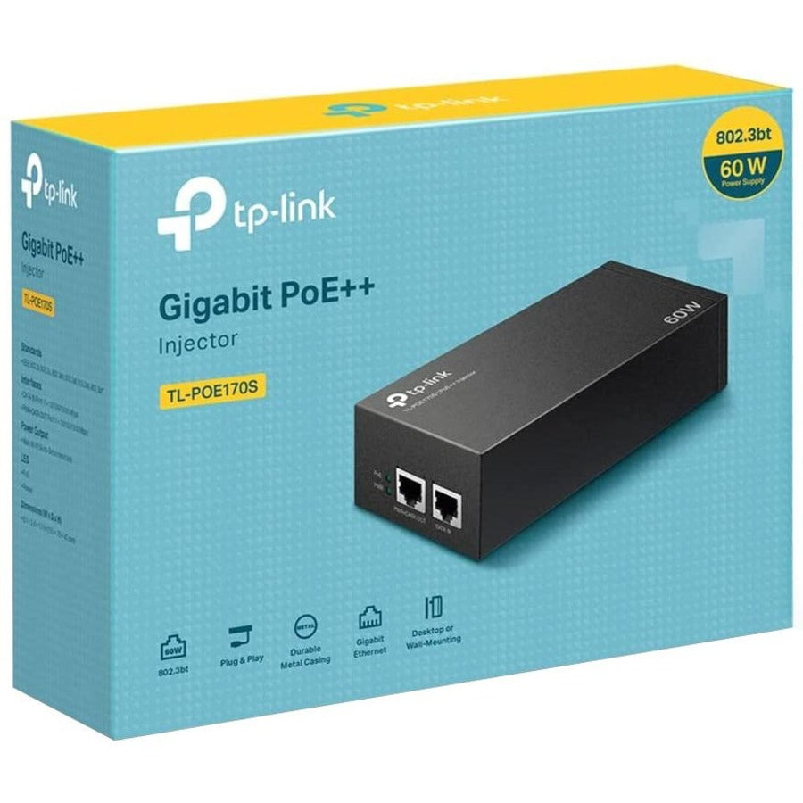 TP-Link TP-Link TL-PoE170S - Injecteur PoE Gigabit 802.3at/af/bt - Adaptateur non-PoE vers PoE - Fournit jusqu'à 60 W (PoE++) - Plug &amp; Play - Montage sur bureau/mural - Distance jusqu'à 328 pi - Certifié UL - Noir TL-POE170S