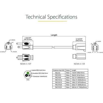 StarTech.com Rallonge d'alimentation 7,6 m (25 pi), NEMA5-15R vers NEMA5-15P, noir, 13 A, 125 V, 16 AWG, câble d'extension d'alimentation pour ordinateur PAC10125
