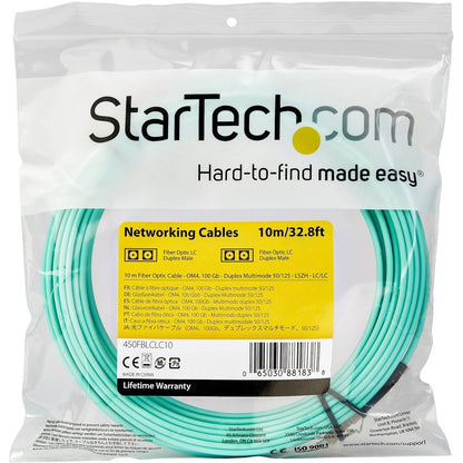 StarTech.com Câble de raccordement à fibre optique duplex multimode LC vers LC OM4 de 10 m - Aqua - 50/125 - Câble à fibre optique - 40/100 Gb - LSZH (450FBLCLC10) 450FBLCLC10