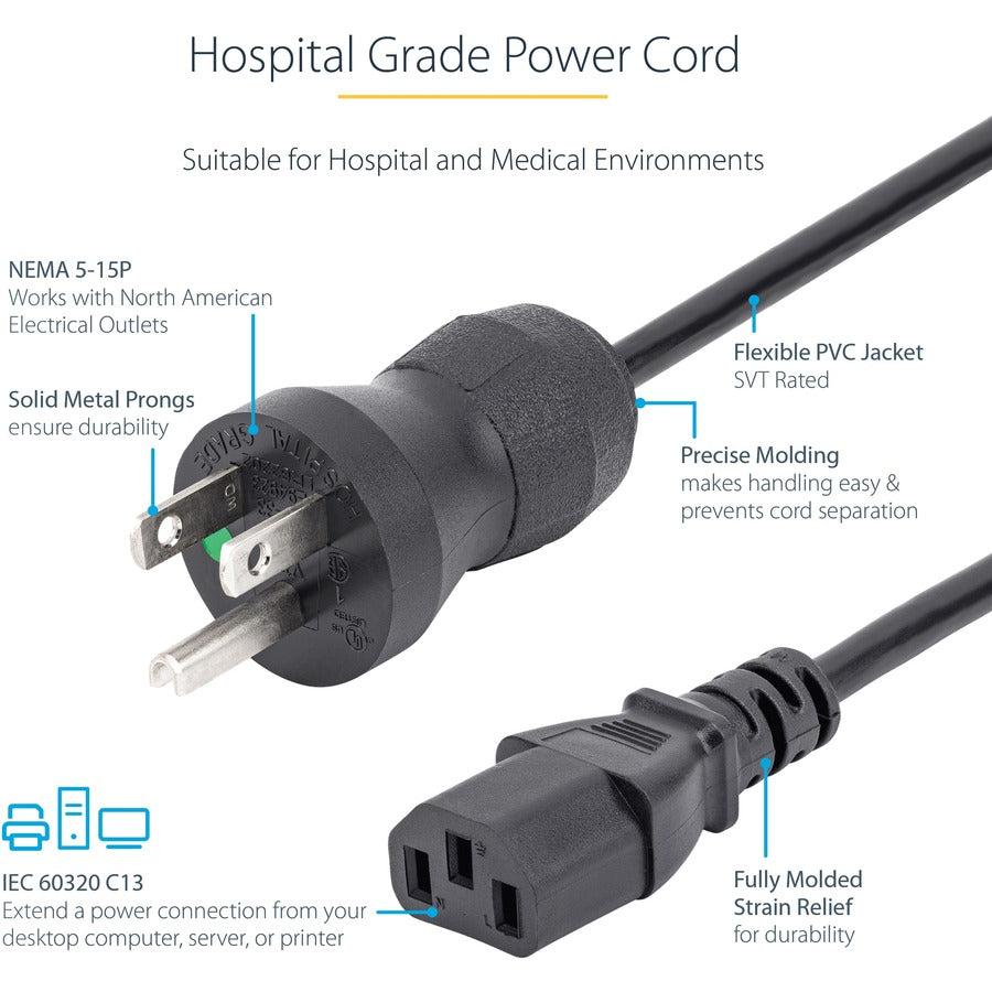 StarTech.com Cordon d'alimentation de qualité hospitalière de 3 m, 18 AWG, NEMA 5-15P vers C13, 10 A 125 V, câble d'alimentation médical Green Dot, câble d'alimentation pour moniteur PXTMG10110