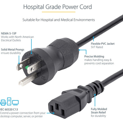 StarTech.com Cordon d'alimentation de qualité hospitalière de 3 m, 18 AWG, NEMA 5-15P vers C13, 10 A 125 V, câble d'alimentation médical Green Dot, câble d'alimentation pour moniteur PXTMG10110