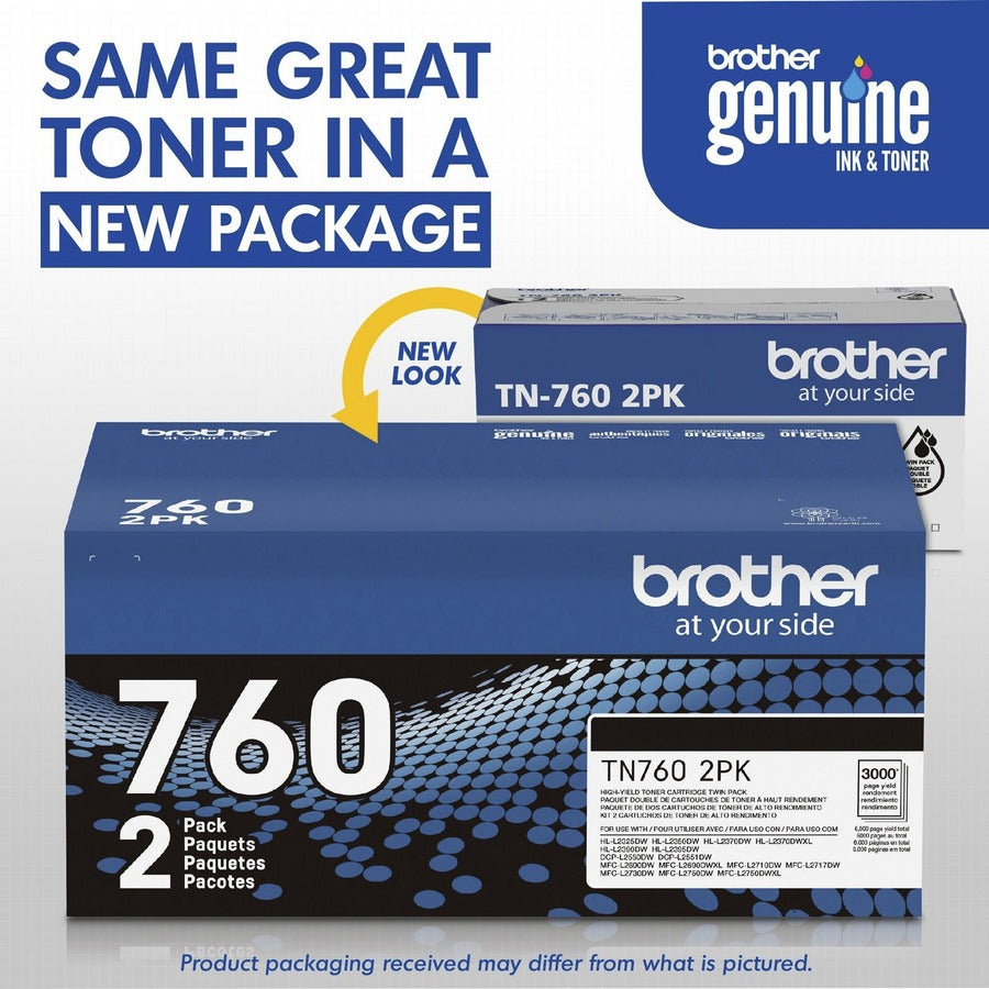 Cartouche de toner laser haute capacité d'origine Brother TN760 - Paquet de deux - Noir - 2 / Boîte TN760 2PK