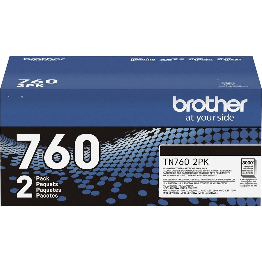 Cartouche de toner laser haute capacité d'origine Brother TN760 - Paquet de deux - Noir - 2 / Boîte TN760 2PK