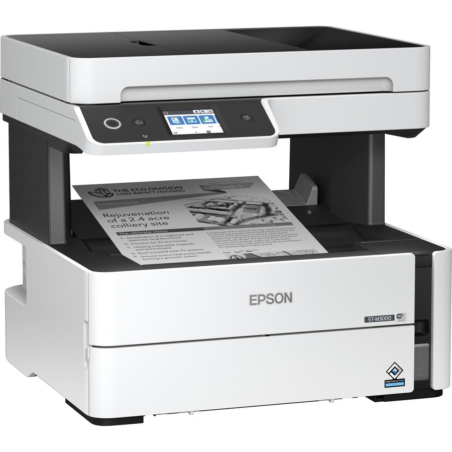 Epson WorkForce ST-M3000 Monochrome Multifunction Supertank Printer. Cartridge Free MFP with ADF & Fax Inkjet copier/Fax/Scanner-1200x2400 dpi Print-Automatic Duplex Print-1200 dpi Optical Scan-20 ppm-Up to 23k pages of ink-Wireless LAN C11CG93201