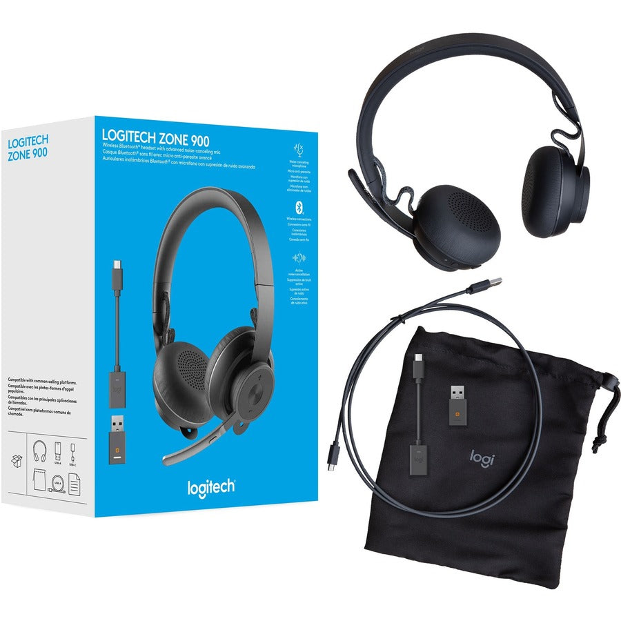 Casque Bluetooth sans fil supra-auriculaire Logitech Zone 900 avec microphone antibruit avancé, connectez jusqu'à 6 appareils sans fil avec un récepteur, accès rapide à ANC et Bluetooth 981-001100