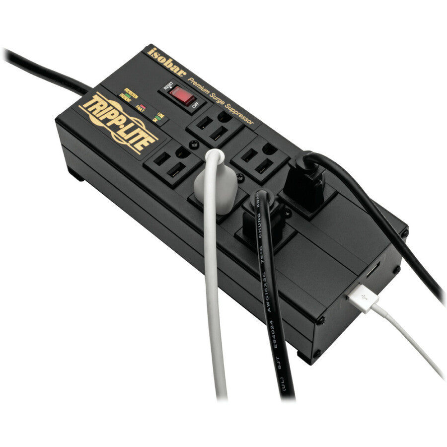 Multiprise avec parasurtenseur Tripp Lite Isobar 6 prises, 2 ports de chargement USB, cordon de 10 pieds - 6 x NEMA 5-15R, 2 x USB - 1440 VA - 3840 J - Entrée 120 V CA IBAR6ULTRAUSBB