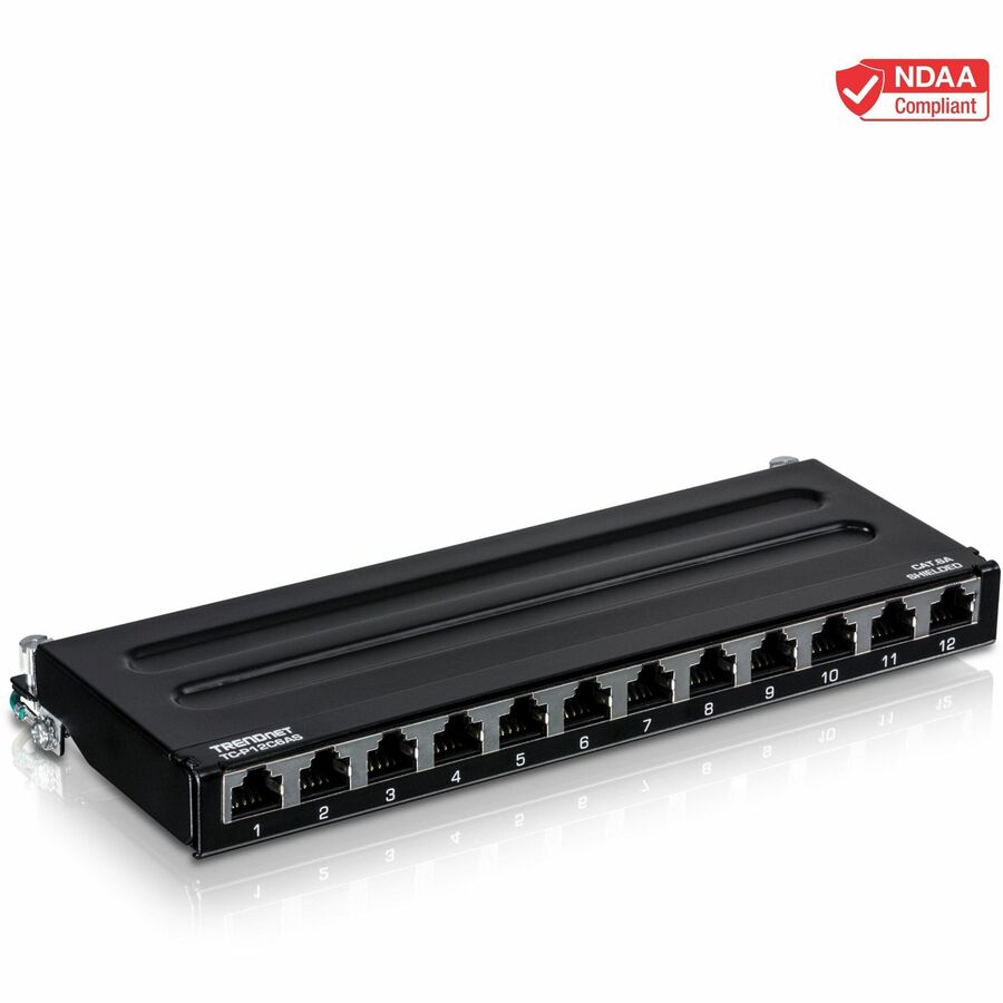 Panneau de brassage blindé TRENDnet Cat6A à 12 ports, compatible 10G, Cat5e, Cat6, Cat6A, boîtier métallique, étiquetage à code couleur pour câblage T568A et T568B, gestion des câbles, montage mural, noir, TC-P12C6AS TC-P12C6AS
