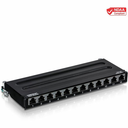 Panneau de brassage blindé TRENDnet Cat6A à 12 ports, compatible 10G, Cat5e, Cat6, Cat6A, boîtier métallique, étiquetage à code couleur pour câblage T568A et T568B, gestion des câbles, montage mural, noir, TC-P12C6AS TC-P12C6AS