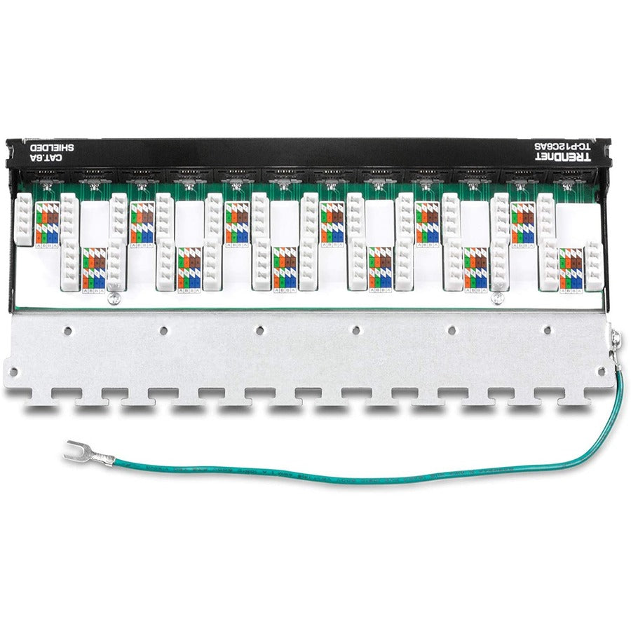Panneau de brassage blindé TRENDnet Cat6A à 12 ports, compatible 10G, Cat5e, Cat6, Cat6A, boîtier métallique, étiquetage à code couleur pour câblage T568A et T568B, gestion des câbles, montage mural, noir, TC-P12C6AS TC-P12C6AS