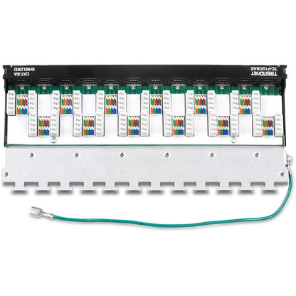 Panneau de brassage blindé TRENDnet Cat6A à 12 ports, compatible 10G, Cat5e, Cat6, Cat6A, boîtier métallique, étiquetage à code couleur pour câblage T568A et T568B, gestion des câbles, montage mural, noir, TC-P12C6AS TC-P12C6AS