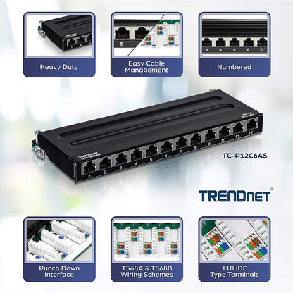 Panneau de brassage blindé TRENDnet Cat6A à 12 ports, compatible 10G, Cat5e, Cat6, Cat6A, boîtier métallique, étiquetage à code couleur pour câblage T568A et T568B, gestion des câbles, montage mural, noir, TC-P12C6AS TC-P12C6AS