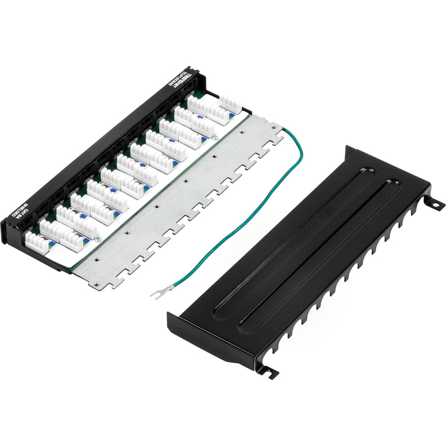 Panneau de brassage blindé TRENDnet Cat6A à 12 ports, compatible 10G, Cat5e, Cat6, Cat6A, boîtier métallique, étiquetage à code couleur pour câblage T568A et T568B, gestion des câbles, montage mural, noir, TC-P12C6AS TC-P12C6AS