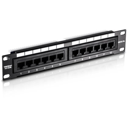 TRENDnet 12-Port Cat5/5e Unshielded Patch Panel, TC-P12C5E, Wallmount or Rackmount, 10 Inch Wide, 12 x Gigabit RJ-45 Ethernet Ports, 100 Mhz Connection, Color Coded Labeling, 110 IDC Terminal Blocks TC-P12C5E