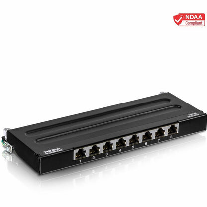 Panneau de brassage blindé TRENDnet Cat6A à 8 ports, prêt pour montage mural, compatible 10G, compatible Cat5e, Cat6, Cat6A, boîtier métallique, étiquetage à code couleur pour câblage T568A et T568B, gestion des câbles, noir, TC-P08C6AS TC-P08C6AS