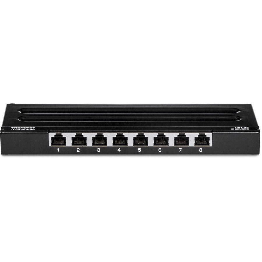 Panneau de brassage blindé TRENDnet Cat6A à 8 ports, prêt pour montage mural, compatible 10G, compatible Cat5e, Cat6, Cat6A, boîtier métallique, étiquetage à code couleur pour câblage T568A et T568B, gestion des câbles, noir, TC-P08C6AS TC-P08C6AS