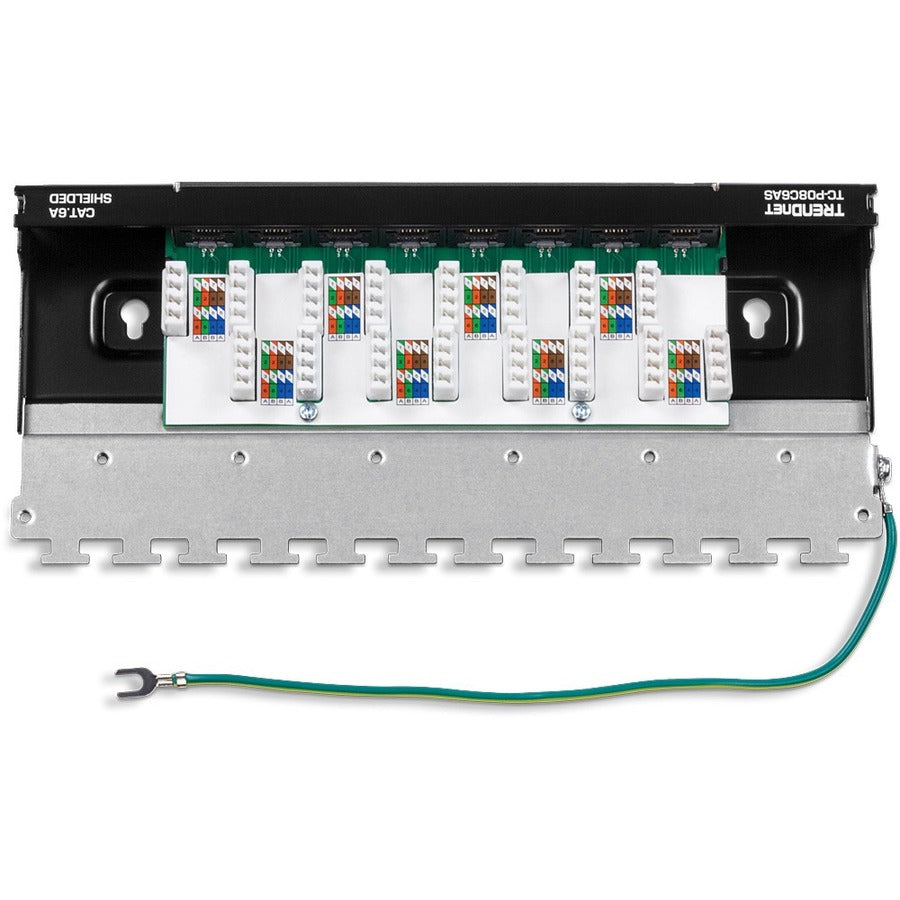 Panneau de brassage blindé TRENDnet Cat6A à 8 ports, prêt pour montage mural, compatible 10G, compatible Cat5e, Cat6, Cat6A, boîtier métallique, étiquetage à code couleur pour câblage T568A et T568B, gestion des câbles, noir, TC-P08C6AS TC-P08C6AS