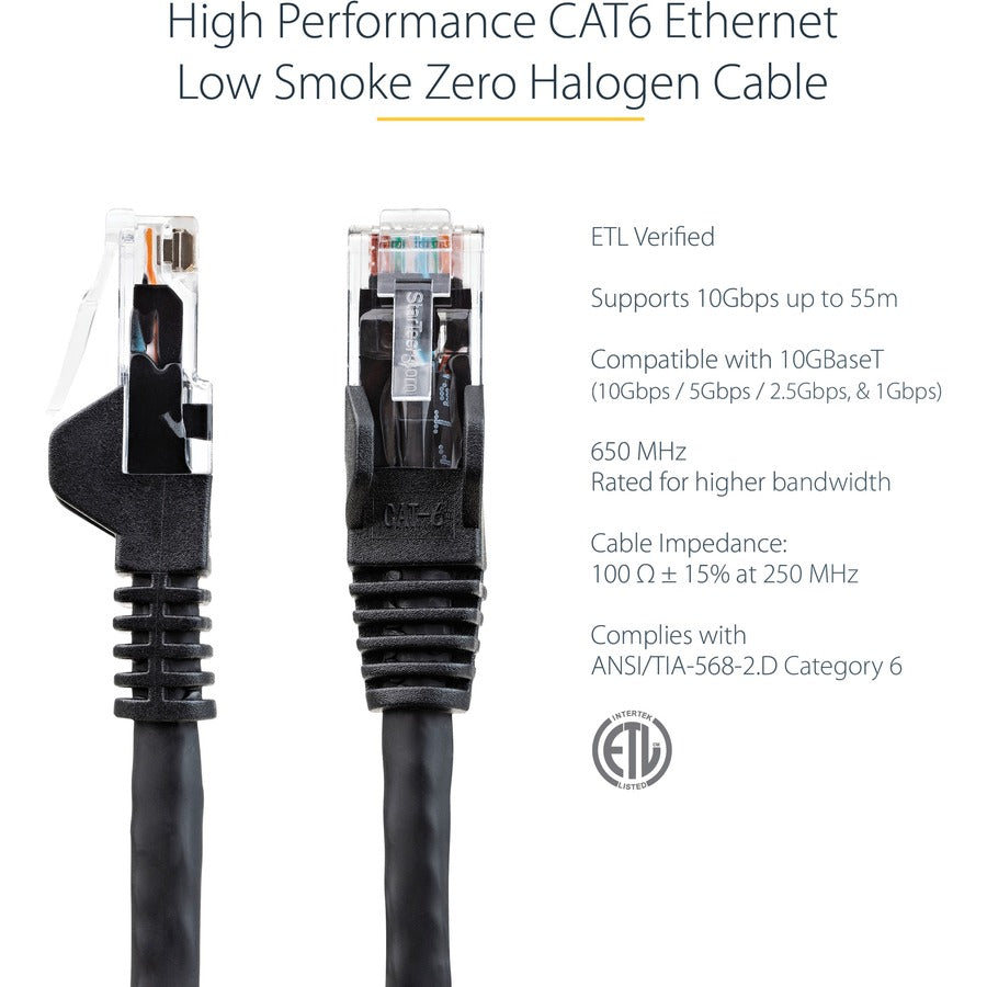 Câble Ethernet CAT6 StarTech.com de 38,1 m - Gigabit sans accroc - 100 W PoE UTP 650 MHz - Cordon de raccordement catégorie 6 - Câblage certifié UL/TIA N6PATCH125BK