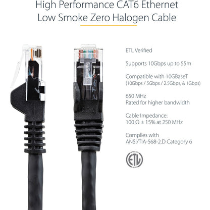 Câble Ethernet CAT6 StarTech.com de 38,1 m - Gigabit sans accroc - 100 W PoE UTP 650 MHz - Cordon de raccordement catégorie 6 - Câblage certifié UL/TIA N6PATCH125BK