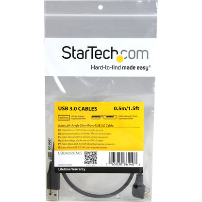 Câble micro USB 3.0 fin StarTech.com de 0,5 m (20 po) - M/M - USB 3.0 A vers micro USB coudé vers la gauche - USB 3.1 Gen 1 (5 Gbit/s) USB3AU50CMLS