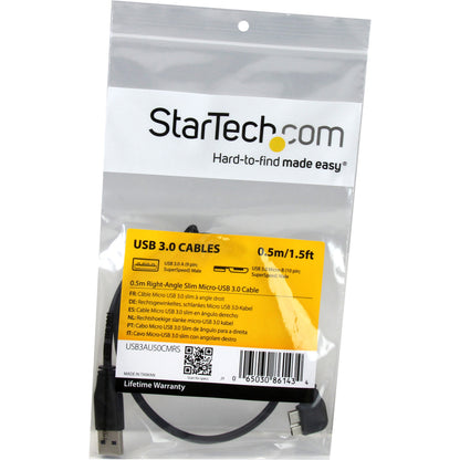Câble micro USB 3.0 fin StarTech.com de 0,5 m (20 po) - M/M - USB 3.0 A vers micro USB à angle droit - USB 3.1 Gen 1 (5 Gbit/s) USB3AU50CMRS