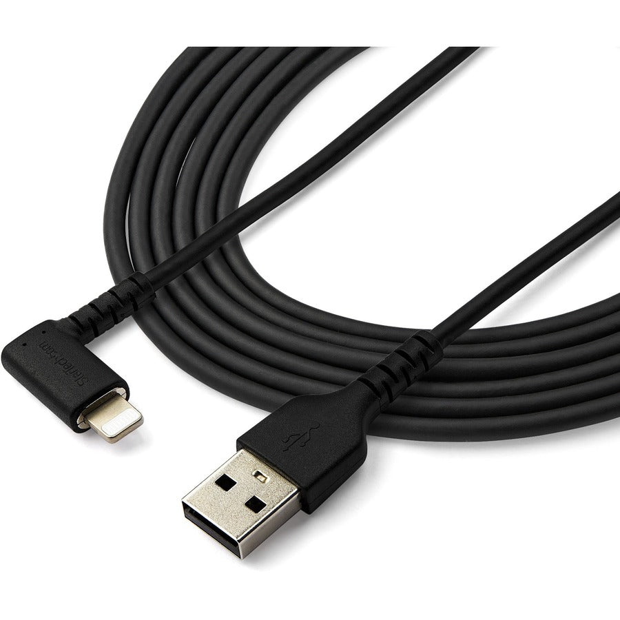 StarTech.com Câble USB A vers Lightning de 2 m pour iPhone iPad, cordon de charge durable à angle droit de 90 degrés, noir, avec fibre aramide, certifié Apple MFI RUSBLTMM2MBR