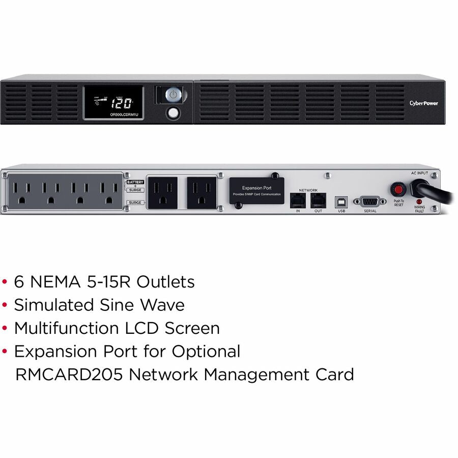 Systèmes d'onduleurs CyberPower OR500LCDRM1U Smart App LCD - Capacité : 500 VA / 300 W OR500LCDRM1U