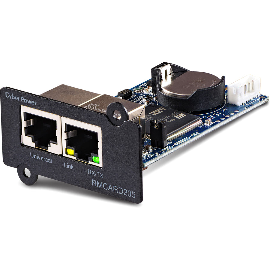 CyberPower UPS Systems RMCARD205 Hardware -  Supported Protocols: TCP/IP, UDP, FTP, SCP, DHCP, DNS, SSH, Telnet, HTTP/HTTPS, SNMPv1/v3, IPv4/v6, NTP, SMTP, and Syslog RMCARD205