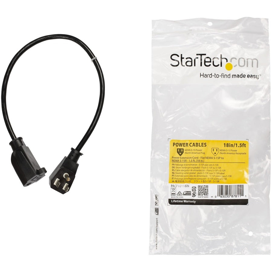 StarTech.com Câble d'extension d'alimentation plat NEMA 5-15P vers NEMA 5-15R, 10 A 125 V, 18 AWG, noir, 0,45 m, PACF10118IN