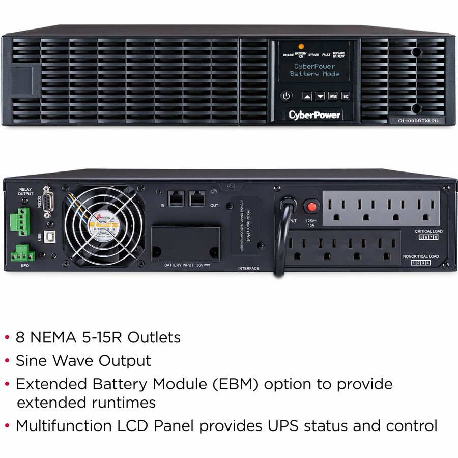 Systèmes d'onduleurs CyberPower OL1000RTXL2U Smart App Online - Capacité : 1 000 VA / 900 W OL1000RTXL2U