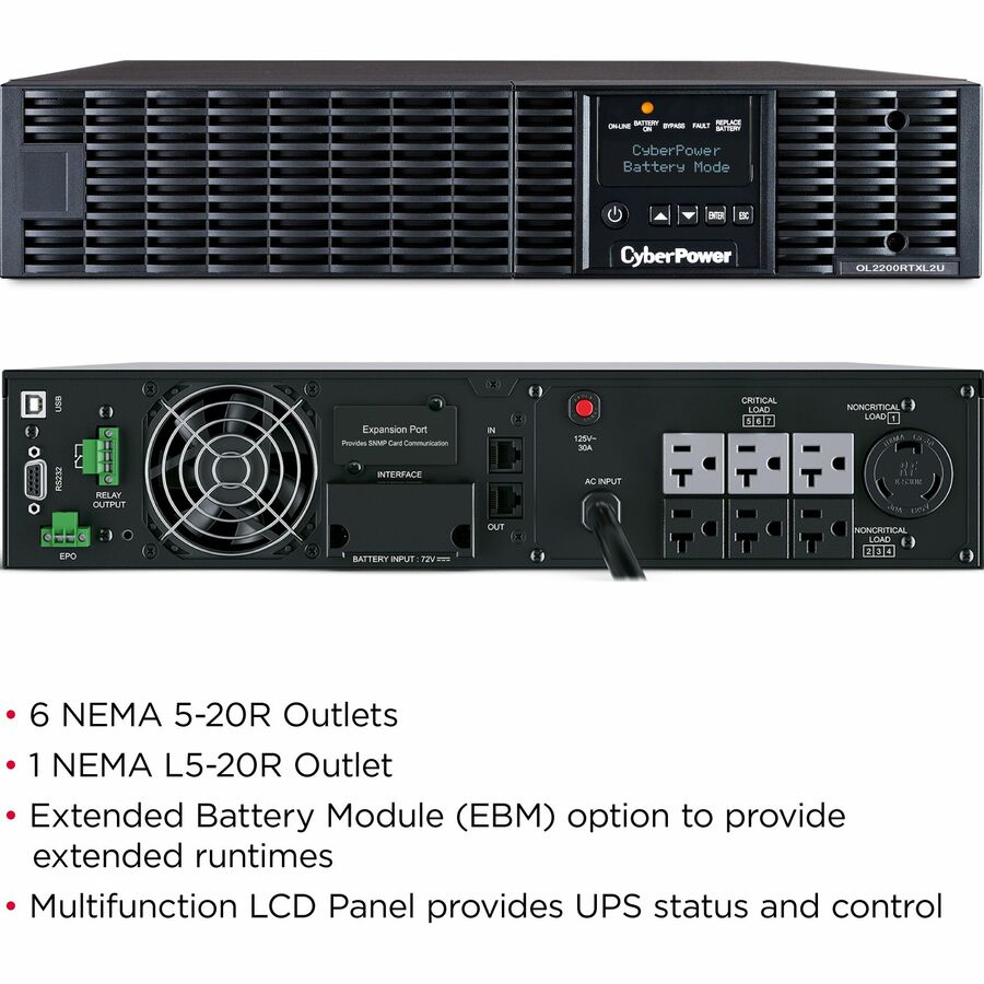 Systèmes d'onduleurs CyberPower OL2200RTXL2U Smart ApSystèmes d'onduleurs CyberPower OL2200RTXL2U Smart App Online - Capacité : 2200 VA / 1800 W OL2200RTXL2U