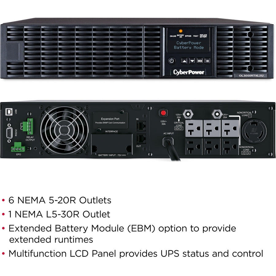 Systèmes d'onduleurs CyberPower OL3000RTXL2U Smart App Online - Capacité : 3000 VA / 2700 W OL3000RTXL2U