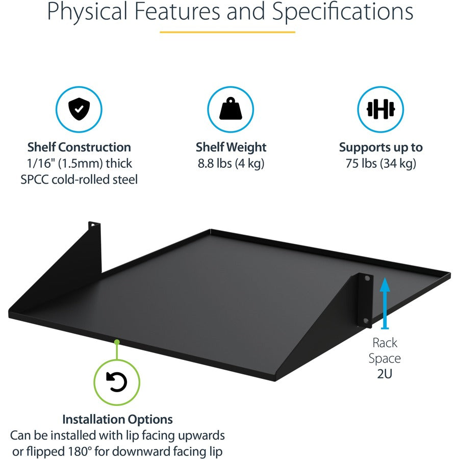 StarTech.com Étagère pour rack réseau 2U 19" à 2 montants, profondeur de 50 cm, plateau cantilever à montage central, montage en rack pour équipement AV/données, capacité de 34 kg CABSHF2POST2