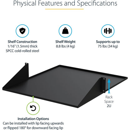 StarTech.com Étagère pour rack réseau 2U 19" à 2 montants, profondeur de 50 cm, plateau cantilever à montage central, montage en rack pour équipement AV/données, capacité de 34 kg CABSHF2POST2