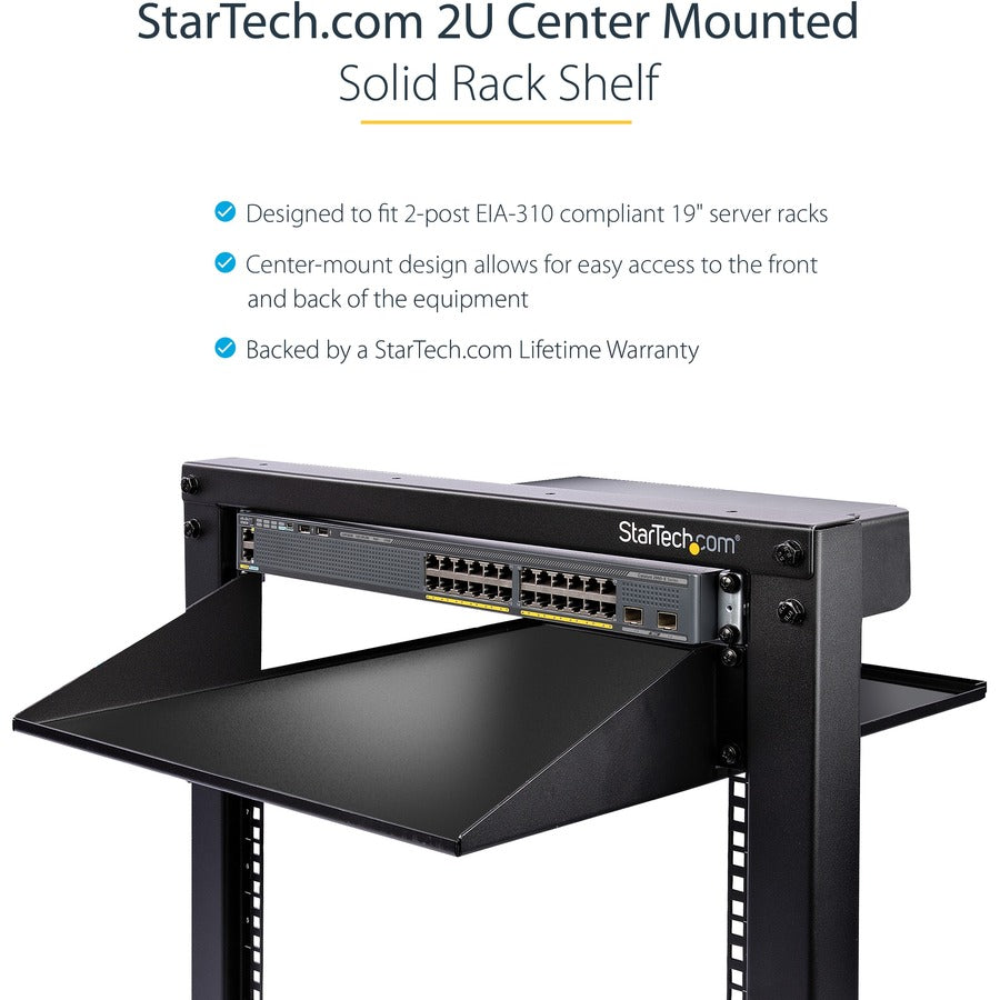 StarTech.com Étagère pour rack réseau 2U 19" à 2 montants, profondeur de 50 cm, plateau cantilever à montage central, montage en rack pour équipement AV/données, capacité de 34 kg CABSHF2POST2
