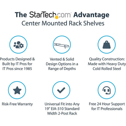 Étagère pour rack de serveur à 2 montants StarTech.com - Ventilée - Montage central - Jusqu'à 34 kg - Étagère pour rack réseau à 2 montants (CABSHF2POSTV2) CABSHF2POSTV2