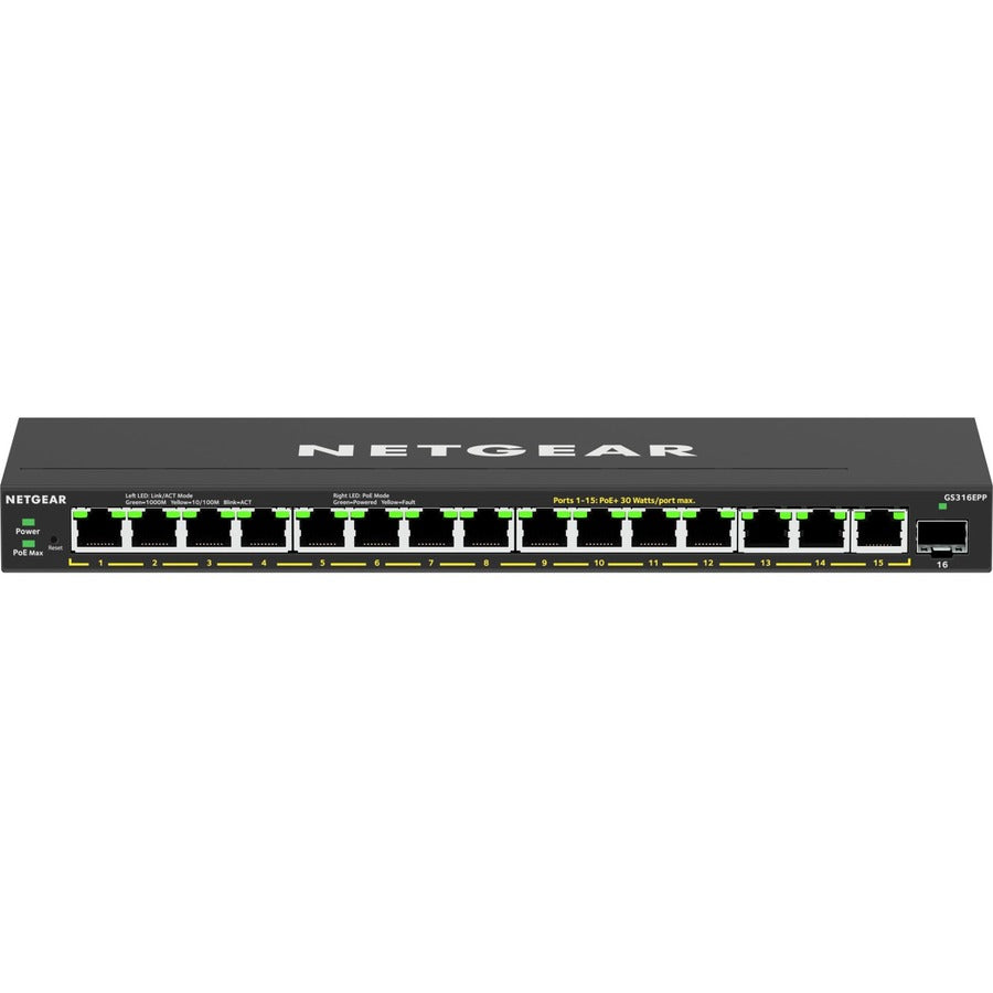 Commutateur Gigabit Ethernet Plus PoE+ haute puissance 16 ports Netgear (231 W) avec 1 port SFP GS316EPP-100NAS