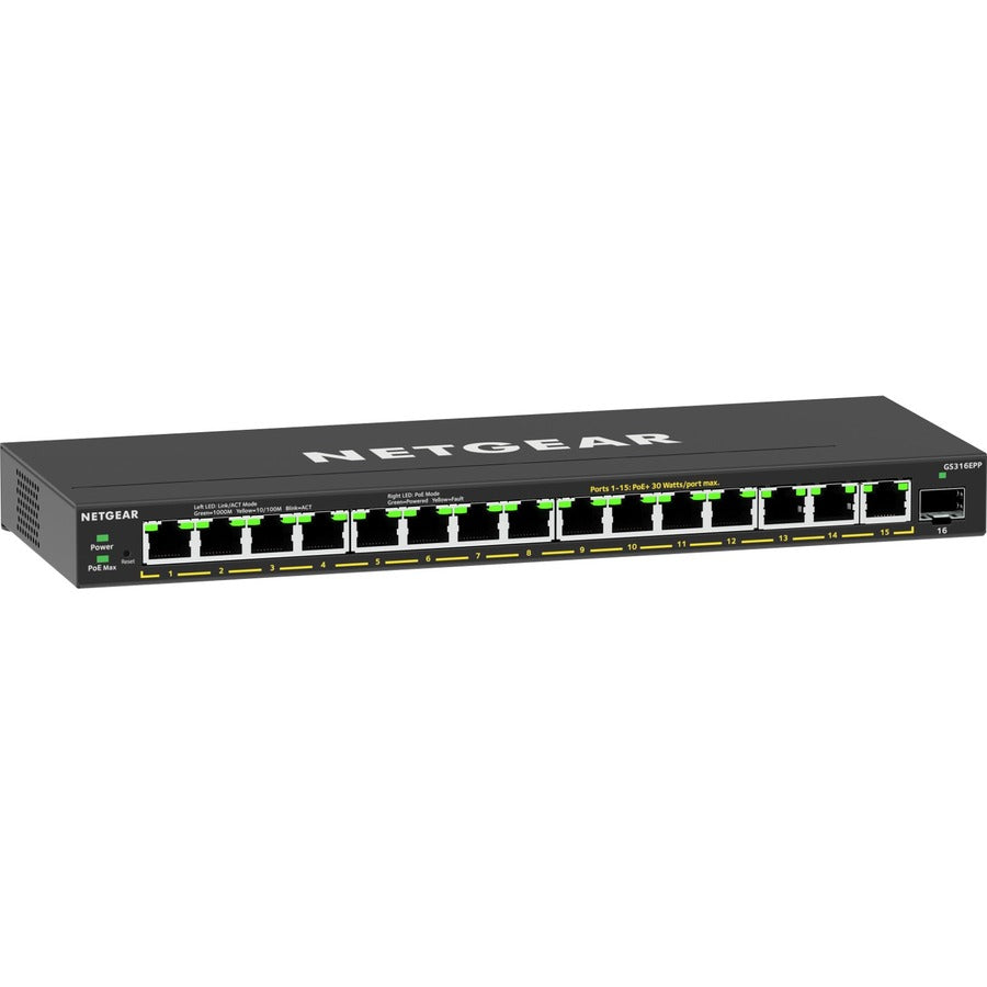 Commutateur Gigabit Ethernet Plus PoE+ haute puissance 16 ports Netgear (231 W) avec 1 port SFP GS316EPP-100NAS
