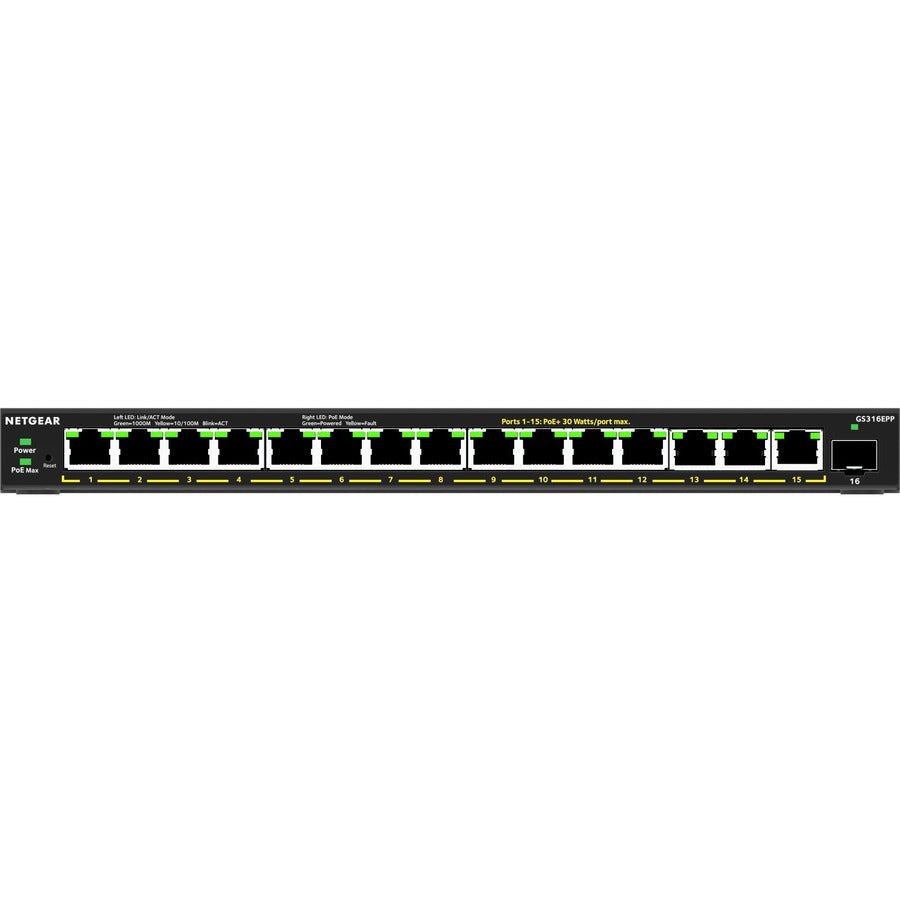 Commutateur Gigabit Ethernet Plus PoE+ haute puissance 16 ports Netgear (231 W) avec 1 port SFP GS316EPP-100NAS