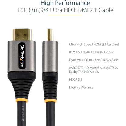 Câble HDMI 2.1 StarTech.com de 3 m, câble HDMI ultra haute vitesse certifié 48 Gbit/s, 8K 60 Hz/4K 120 Hz HDR10+, câble HDMI 8K, moniteur/écran HDMM21V3M