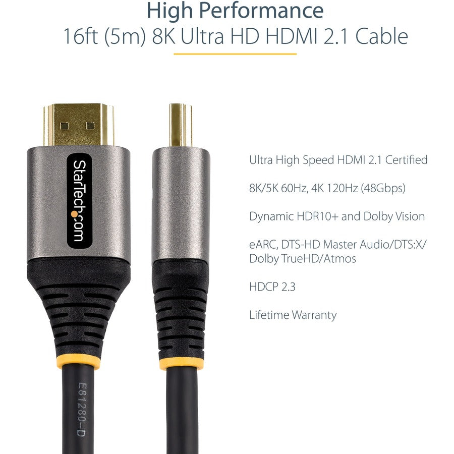 Câble HDMI 2.1 StarTech.com de 5 m, câble HDMI ultra haute vitesse certifié 48 Gbit/s, 8K 60 Hz/4K 120 Hz HDR10+, câble HDMI 8K, moniteur/écran HDMM21V5M
