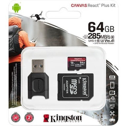Carte microSDXC Kingston Canvas React Plus 64 Go Classe 10/UHS-II (U3) MLPMR2/64 Go